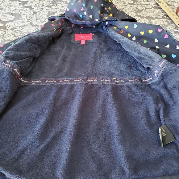 London Fog Girls 6X Rainbow Heart Hooded Rain Coat Jacket Fleece Lined Navy - Picture 9 of 9